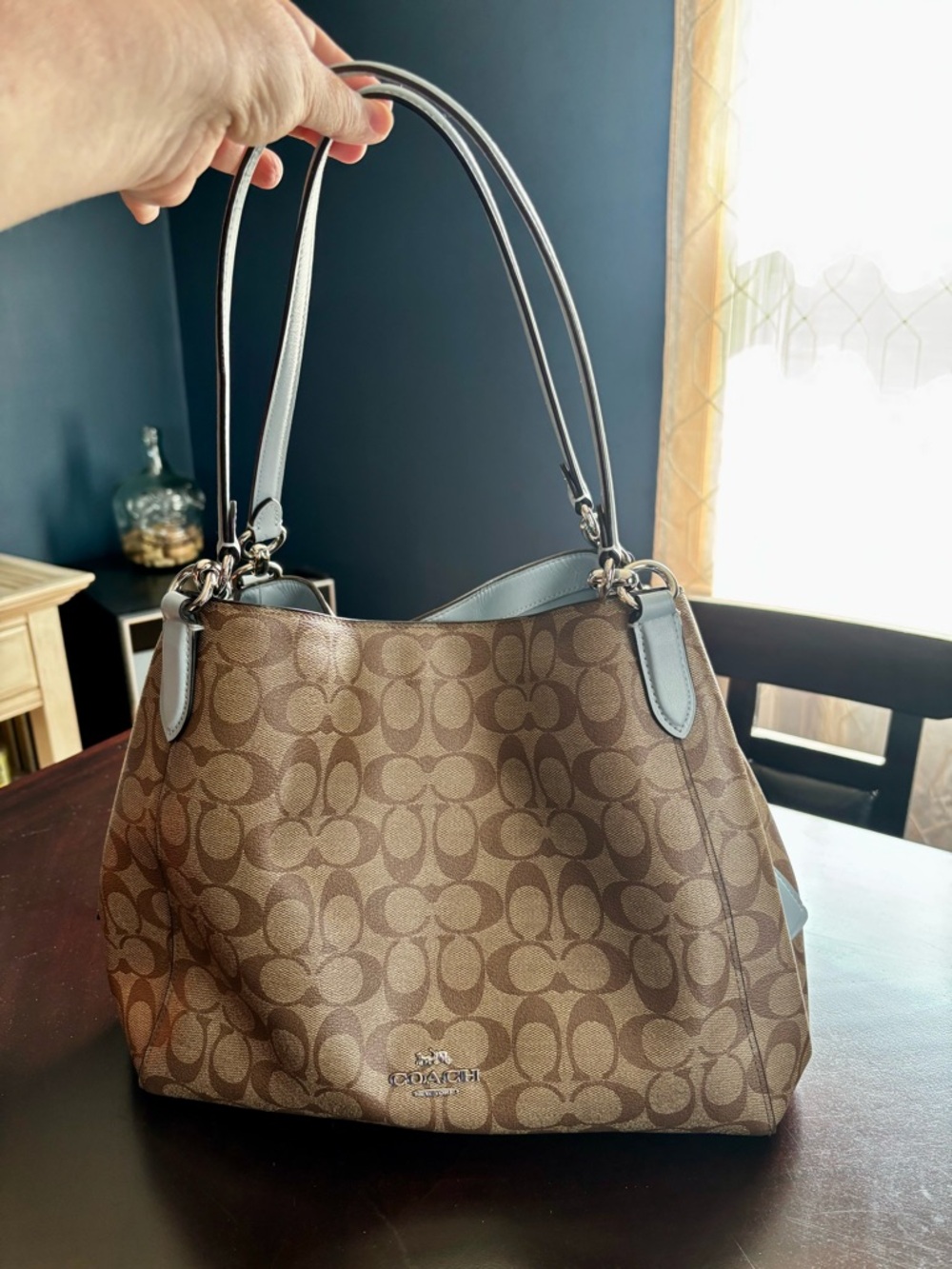 Coach Large Signature Canvas Shoulder Bag with Light Blue Trim